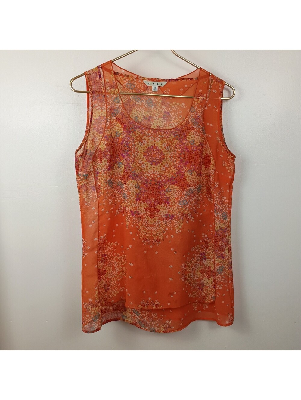 Cabi Top Womens Tangerine Abstract 100% SILK Sleeveless Tank Top S Chiffon Sheer